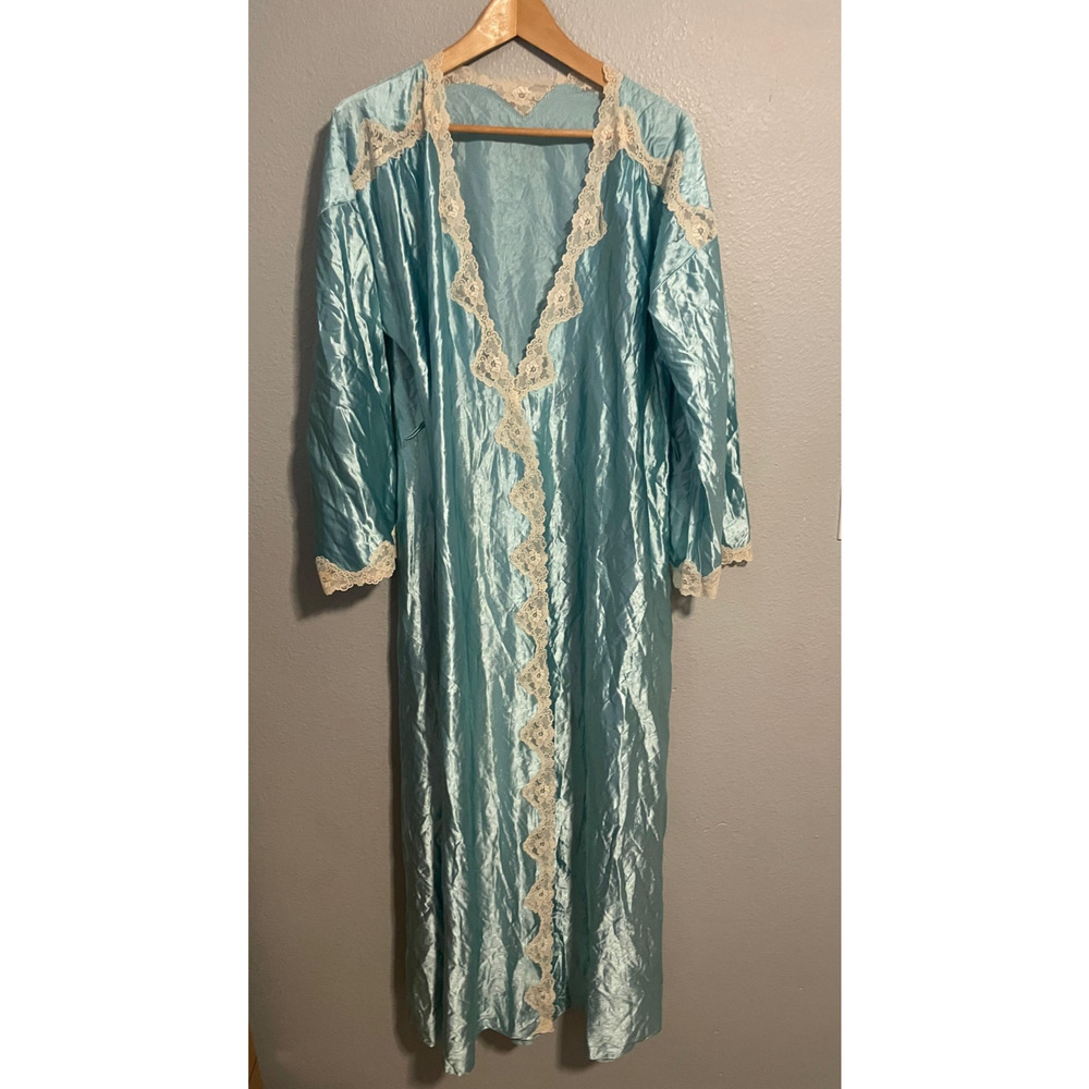 Vintage Barad & Co Robe Womens Large Blue Satin Lace Trim Kimono 60s 70s No Belt